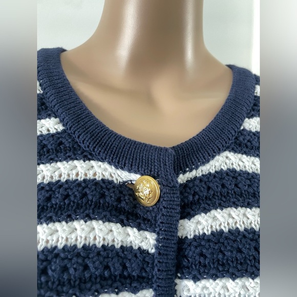 Gap Chunky Fisherman Striped Cardigan Sweater Gold Buttons size XL Blue - Picture 3 of 9